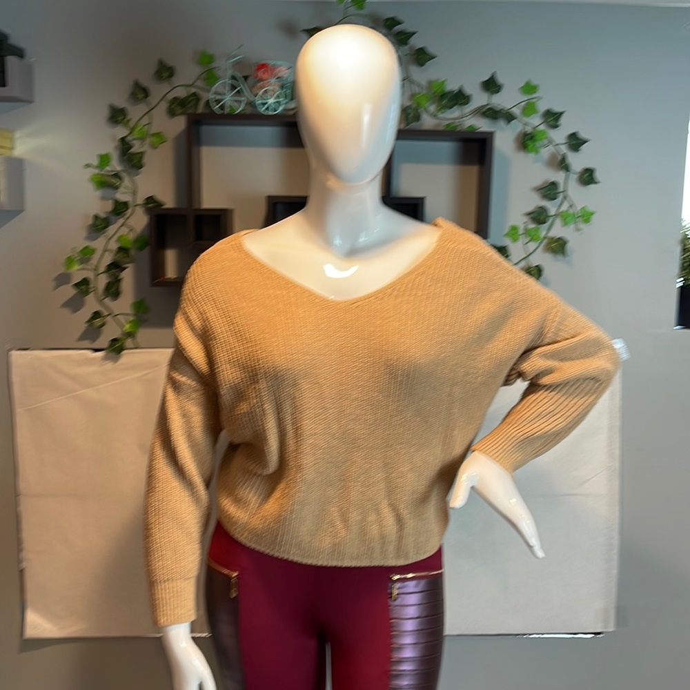 Women Sweater V Neck Knotted Backless Long Cotton Knitting Shirt Sleeve size M